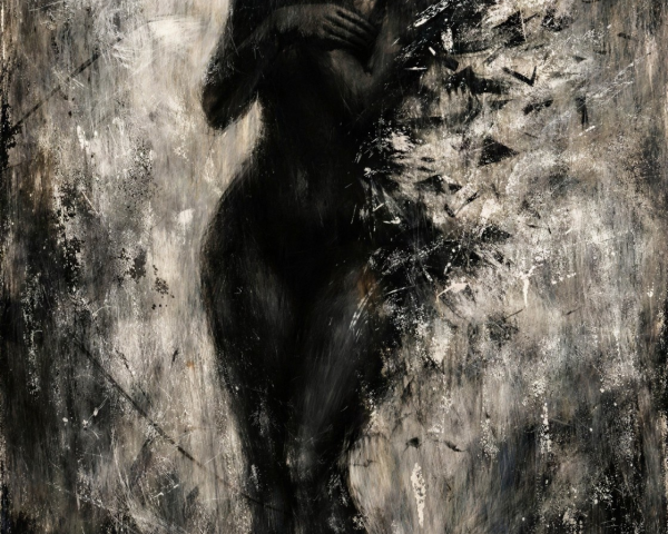 Nude Woman in Black and White Abstract Painting