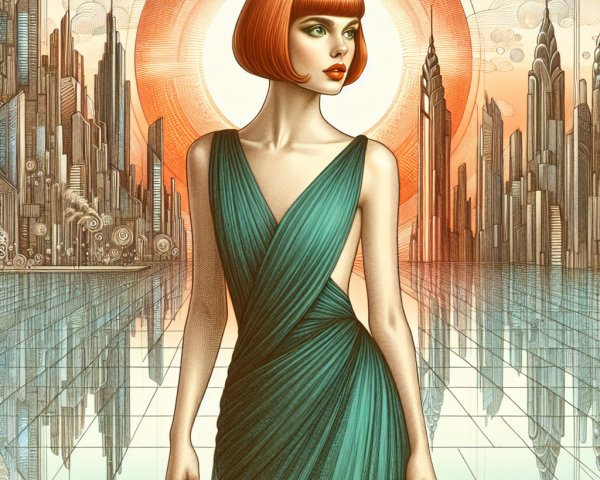 Futuristic cityscape with a woman in a teal gown