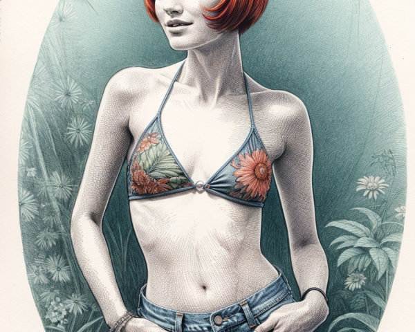 Young woman in floral bikini and denim shorts outdoors