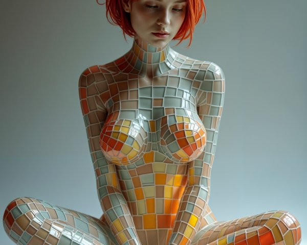 Meditative Figure Covered in Colorful Mosaic Tiles