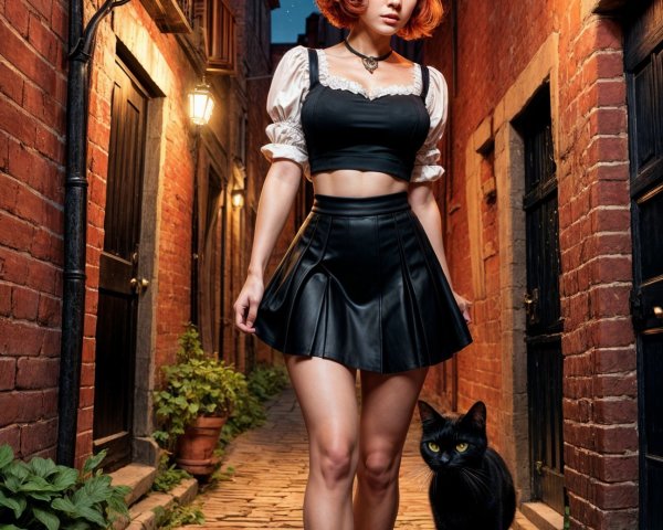 Young woman in stylish outfit walks down cobblestone alley