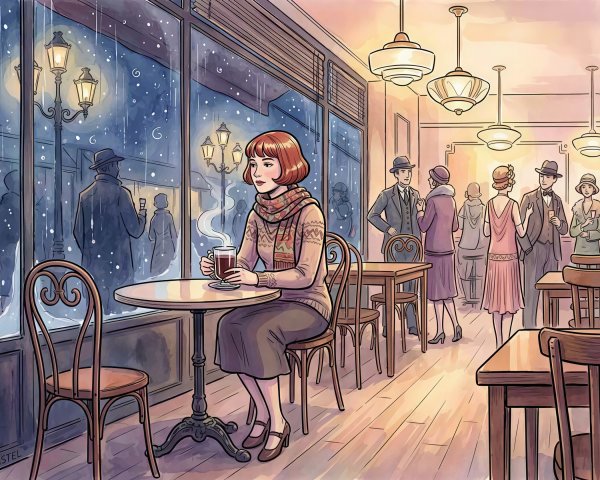 Watercolor Artwork of 1920s Cafe Scene in Snow