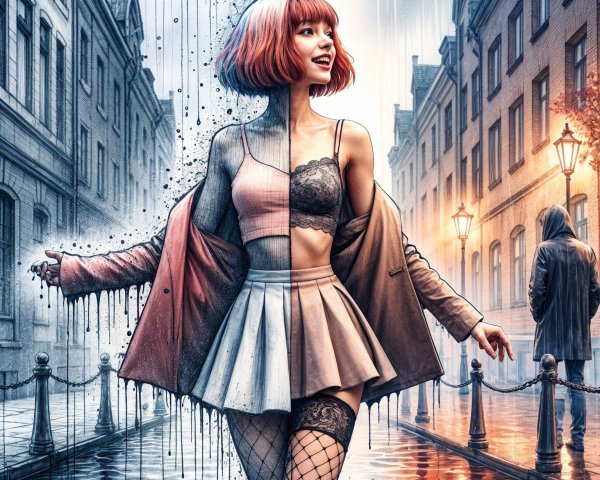 Illustration of Duality: Vibrant Woman vs. Dark Alley