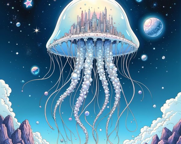 Giant Jellyfish with Cityscape in Cosmic Scene