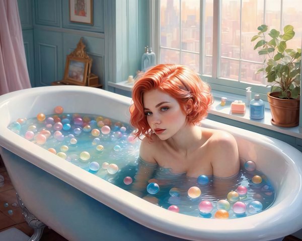 Young woman in bathtub with colorful bath bombs and skyline