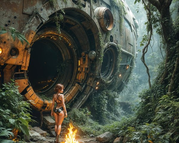 Futuristic spacecraft in a lush jungle setting