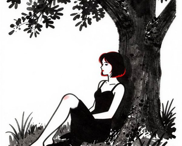 Minimalist ink drawing of a woman by a tree