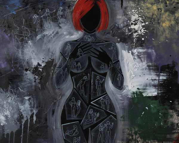 Mixed Media Painting of Faceless Woman with Figures