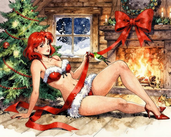 Christmas Watercolor of Woman by Fireplace with Ribbon