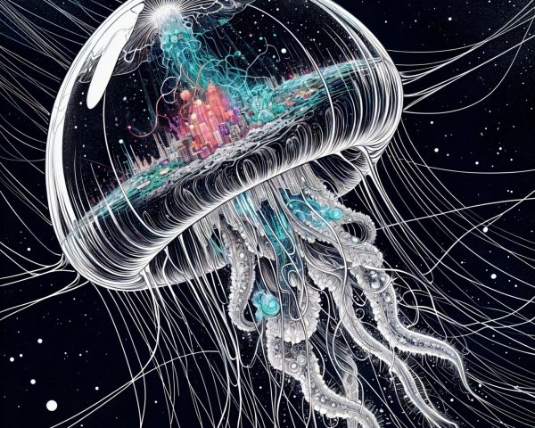 Jellyfish in a Cosmic Cityscape with Ethereal Elements