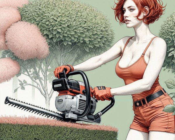 Vibrant Illustration of Woman Gardening with Hedge Trimmer
