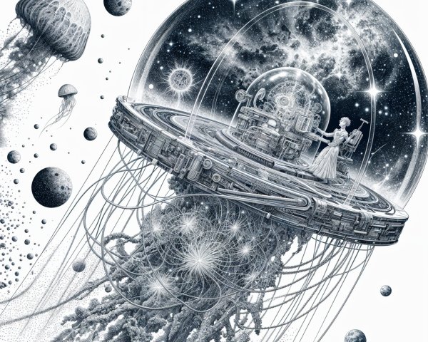 Futuristic spacecraft illustration in cosmic setting