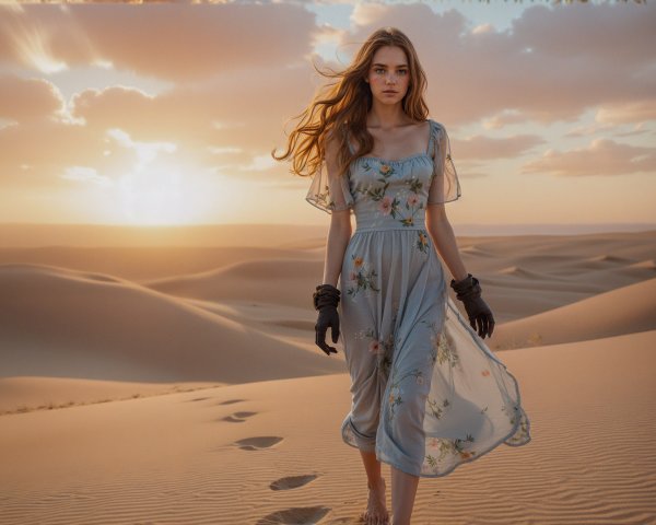 Young Woman in Floral Dress Walking in Desert at Sunset