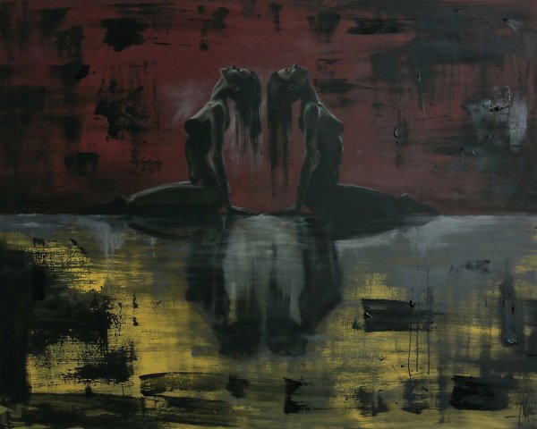 Abstract Oil Painting of Two Symmetrical Figures