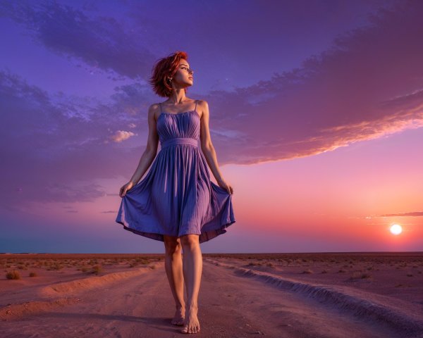 Woman in Purple Dress on Sandy Path at Sunset
