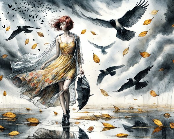 Young woman in floral dress in stormy landscape