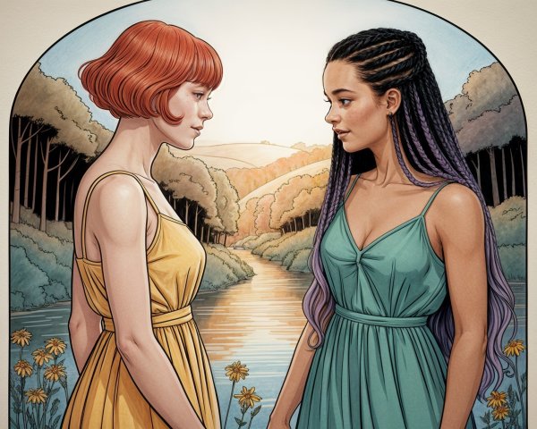 Young Women by a Serene River in Nature