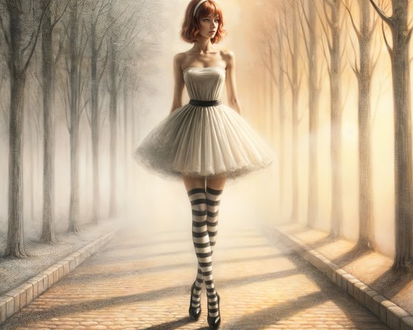 Surreal Scene of Woman in White Dress in Forest