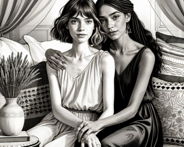 Two Women Seated on a Beautifully Adorned Sofa