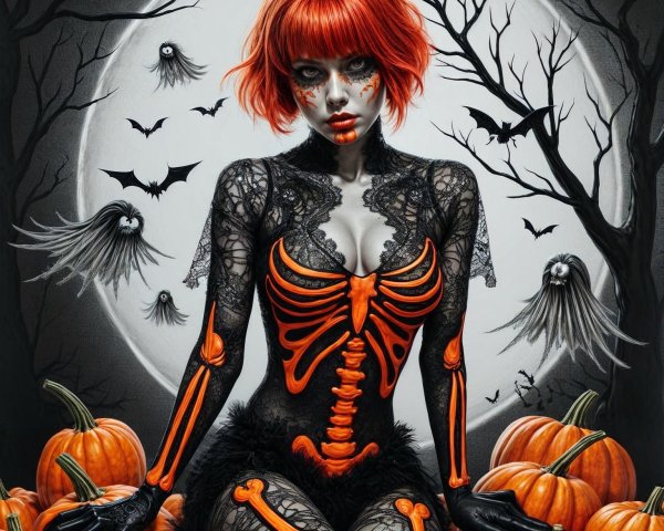 Halloween Scene with Skeleton Body Paint and Pumpkins