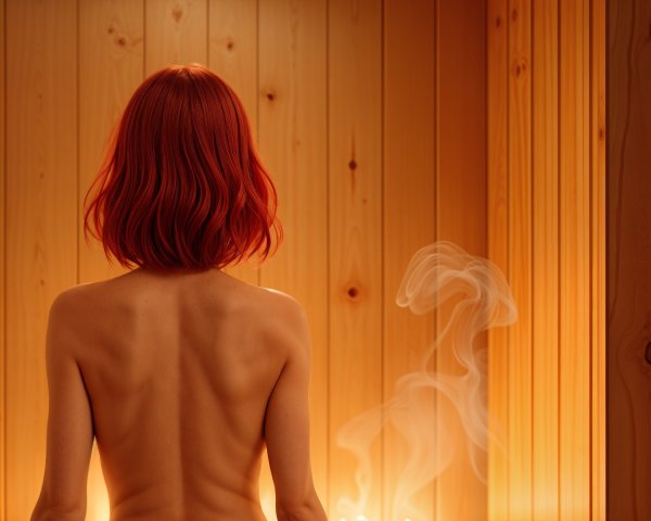 Person with Red Hair in a Serene Sauna Setting