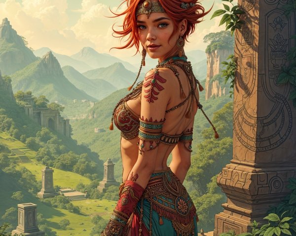 Woman with Red Hair in Mountainous Landscape