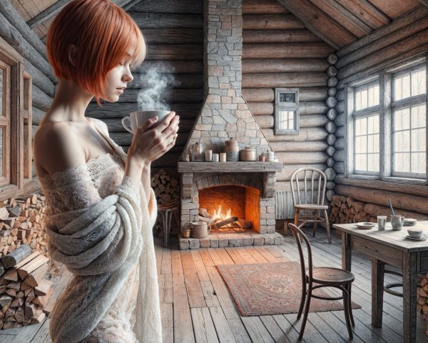 Cozy Log Cabin with Woman and Warm Fireplace