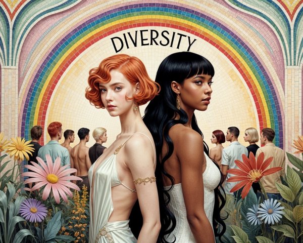 Women in contrasting outfits with diverse crowd and rainbow