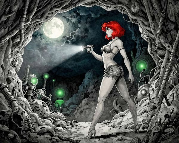 Adventurous Space Girl in Sci-Fi Art Nouveau Cave