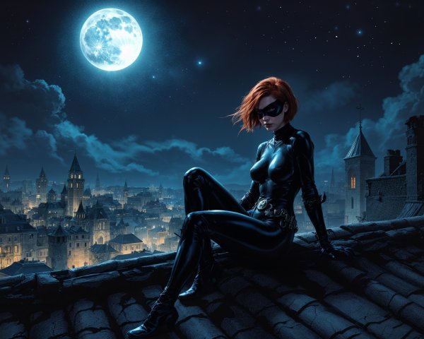 Mysterious Figure in Black Catsuit Overlooking City