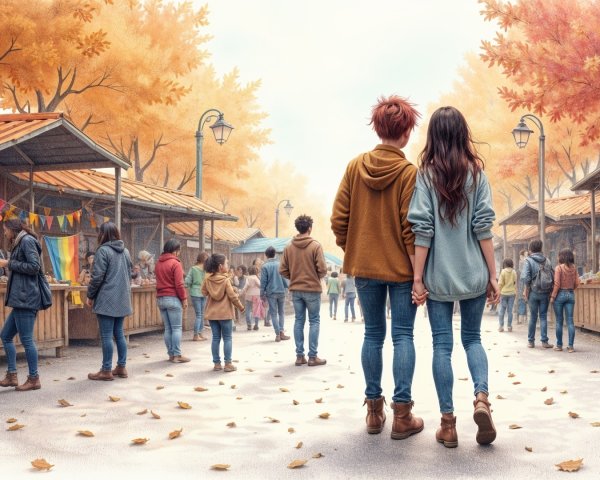 Autumn Market Scene with Colorful Decorations and Shoppers