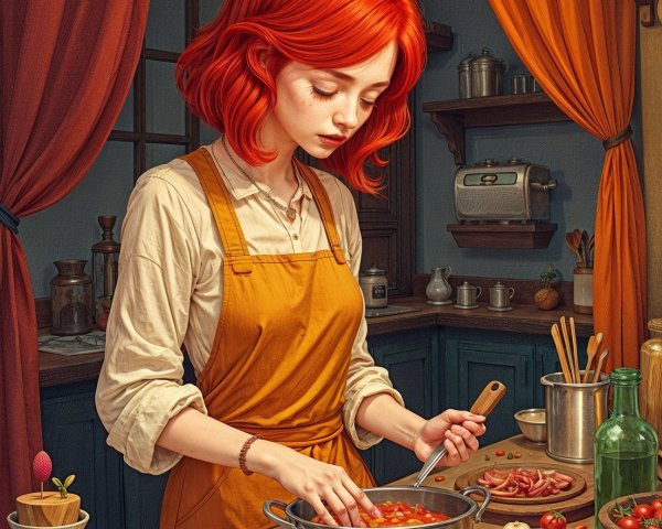 Young Woman Cooking Tomato Sauce in Cozy Kitchen
