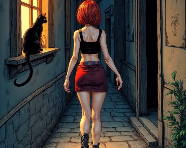 Confident Woman with Red Bob in Dim Alley Setting