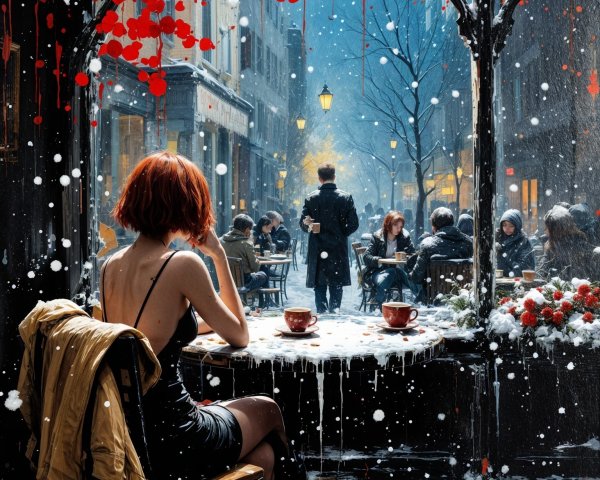 Cozy Café Scene with Winter Snow and Warm Glow