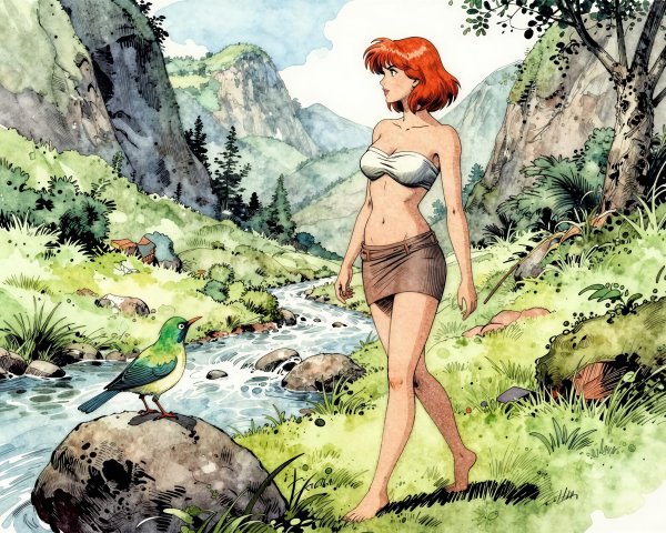 Vibrant Watercolor of Woman by Rocky Stream