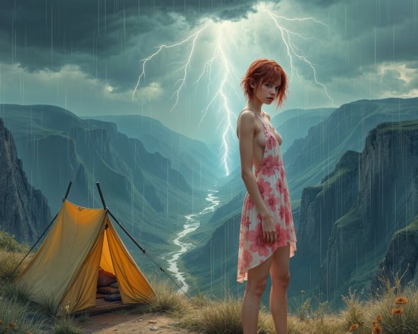 Young Woman on Cliffside Amidst Stormy Landscape
