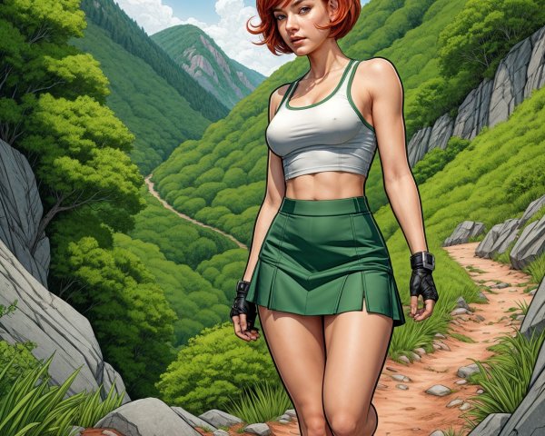 Young Woman Hiking in Lush Green Mountain Landscape