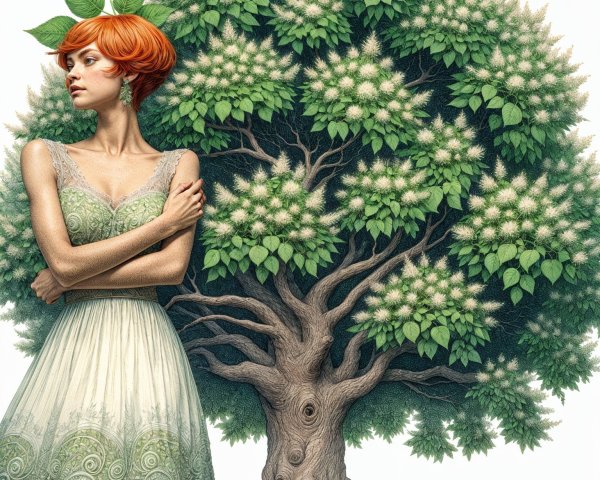 Woman in Flowing Gown by Majestic Tree Illustration