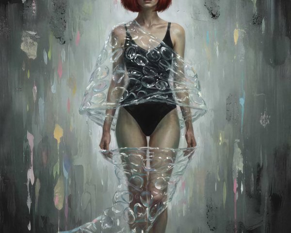 Painting of Woman in Black Swimsuit and Bubble Wrap Dress