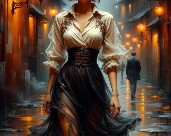Woman in Black Dress Walking Through Lantern-Lit Alley