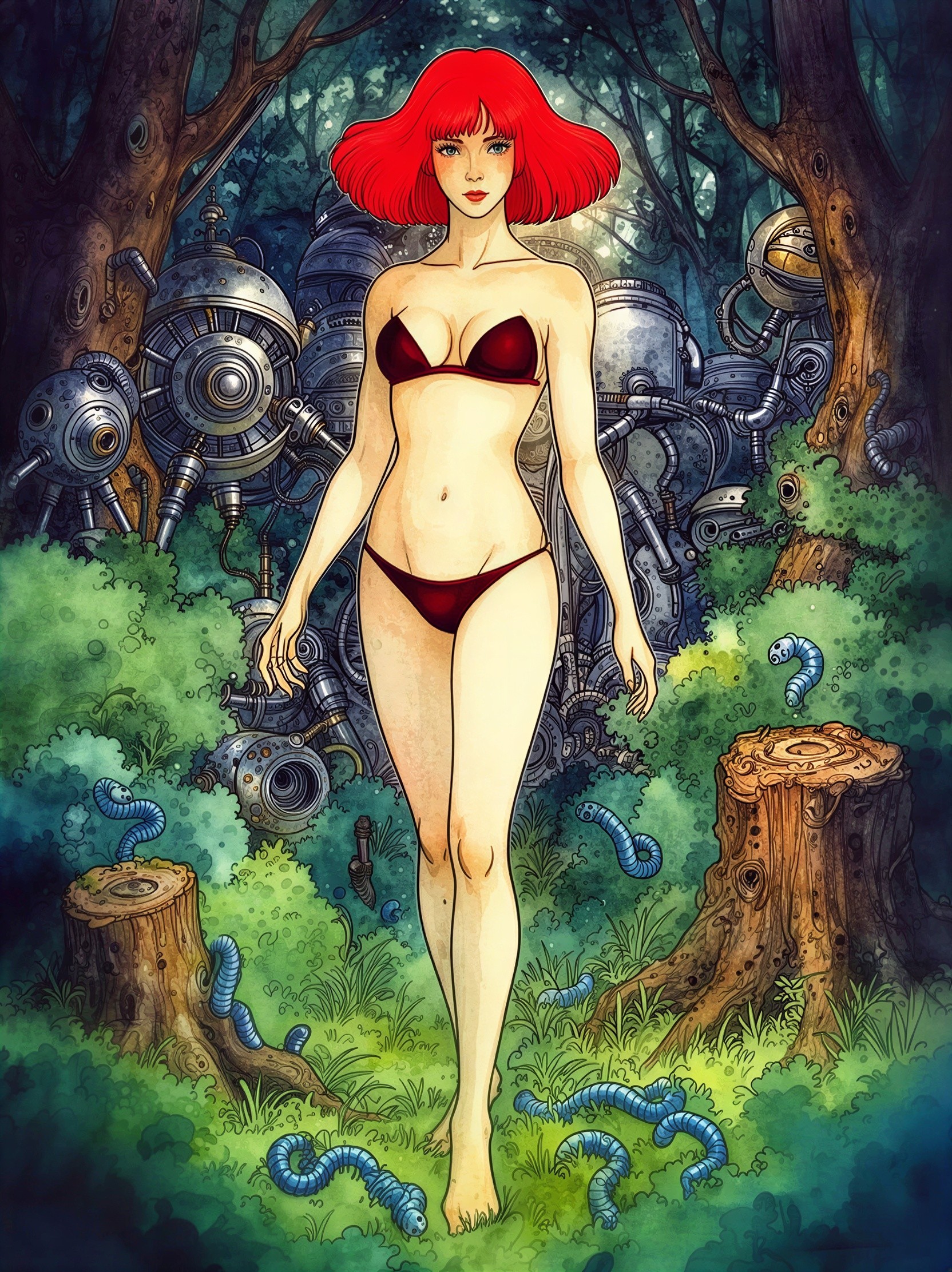 Beautiful Woman in Red Bikini in Mechanical Forest Scene