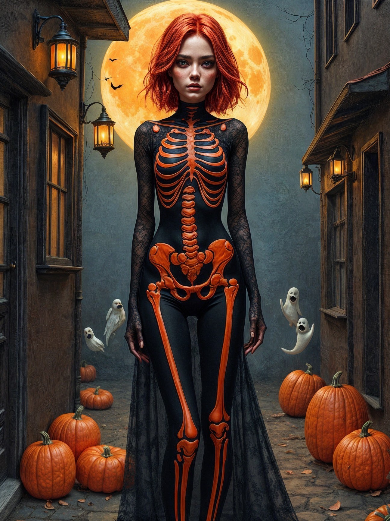 Halloween Scene with Skeleton Bodysuit and Pumpkins
