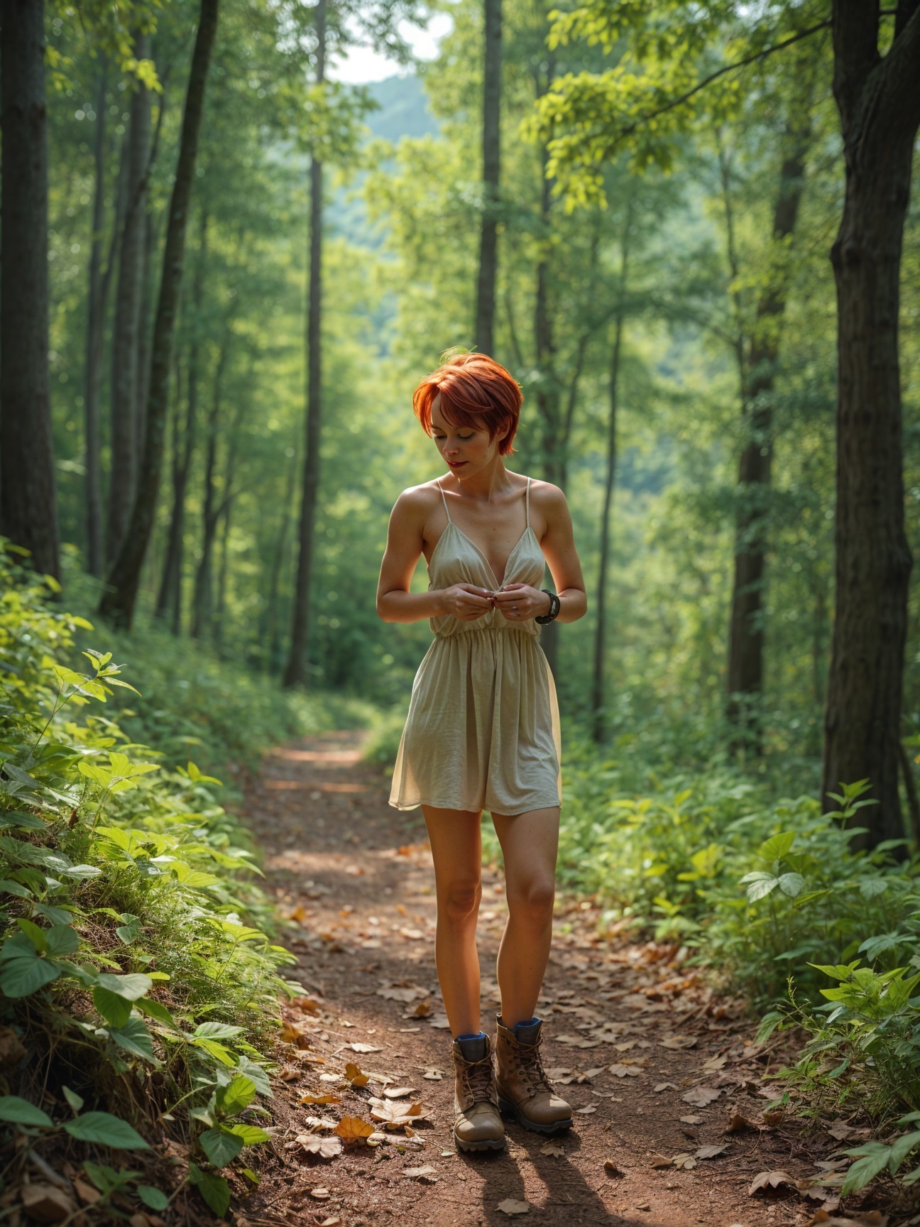 Young woman in a forest path with dappled sunlight