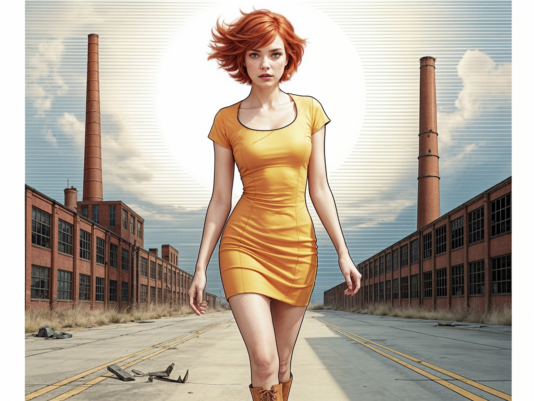 Confident Figure in Yellow Dress on Industrial Street