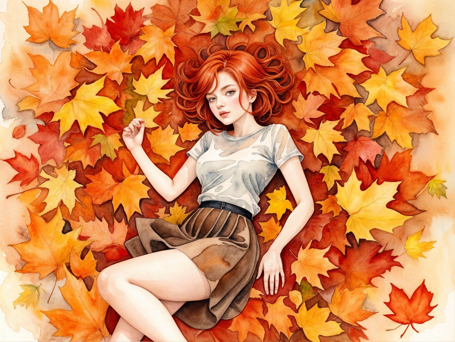 Young Woman Relaxing Among Autumn Leaves
