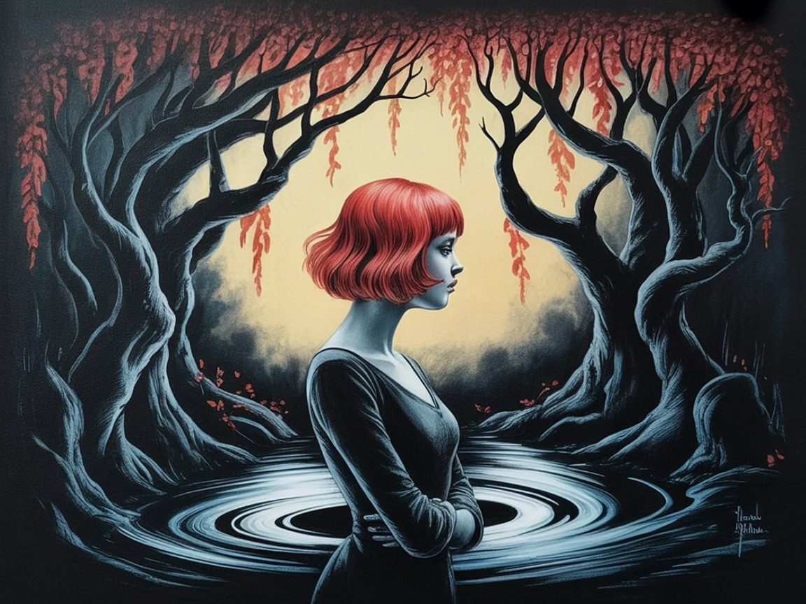 Woman with Red Hair in Surreal Landscape Artwork