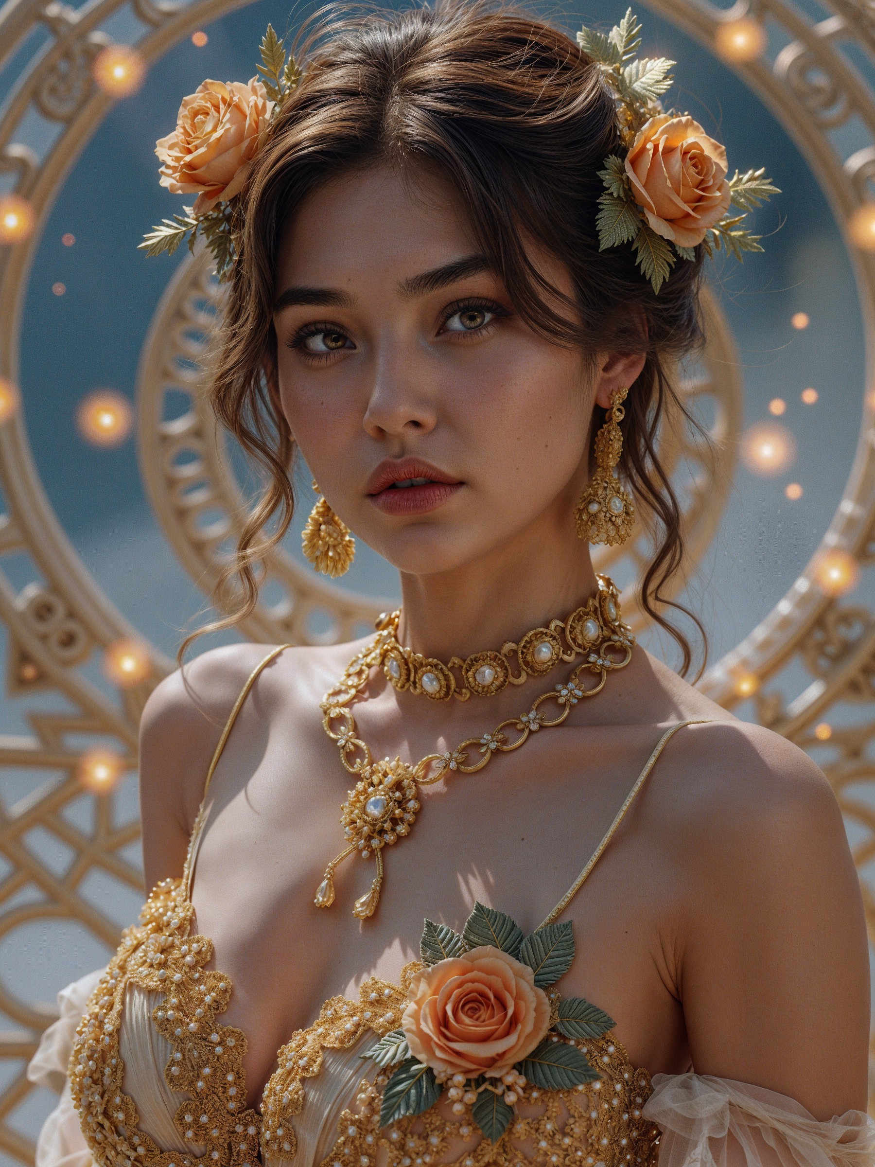 Young woman in gold gown with floral accents
