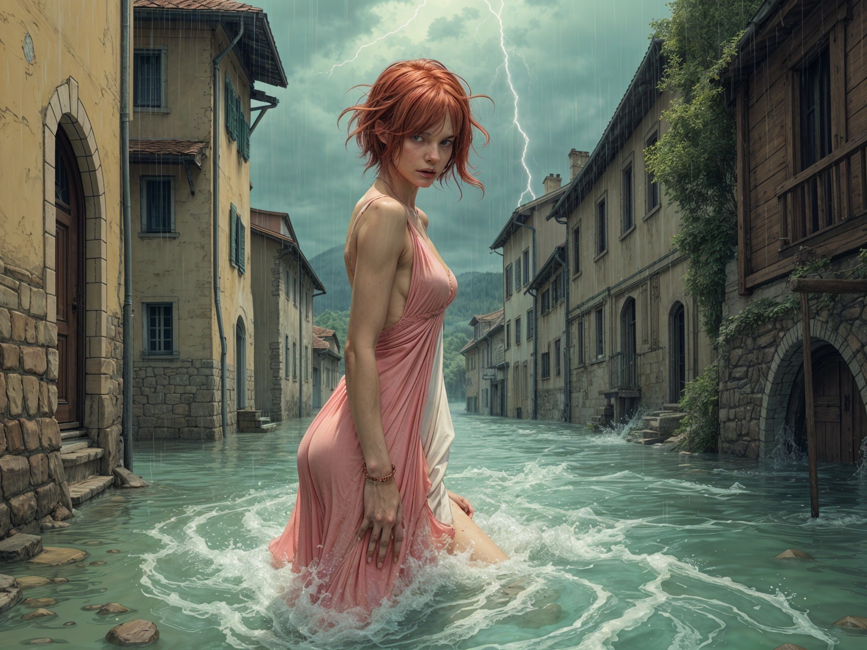 Woman with Red Hair in Flooded Abandoned Town