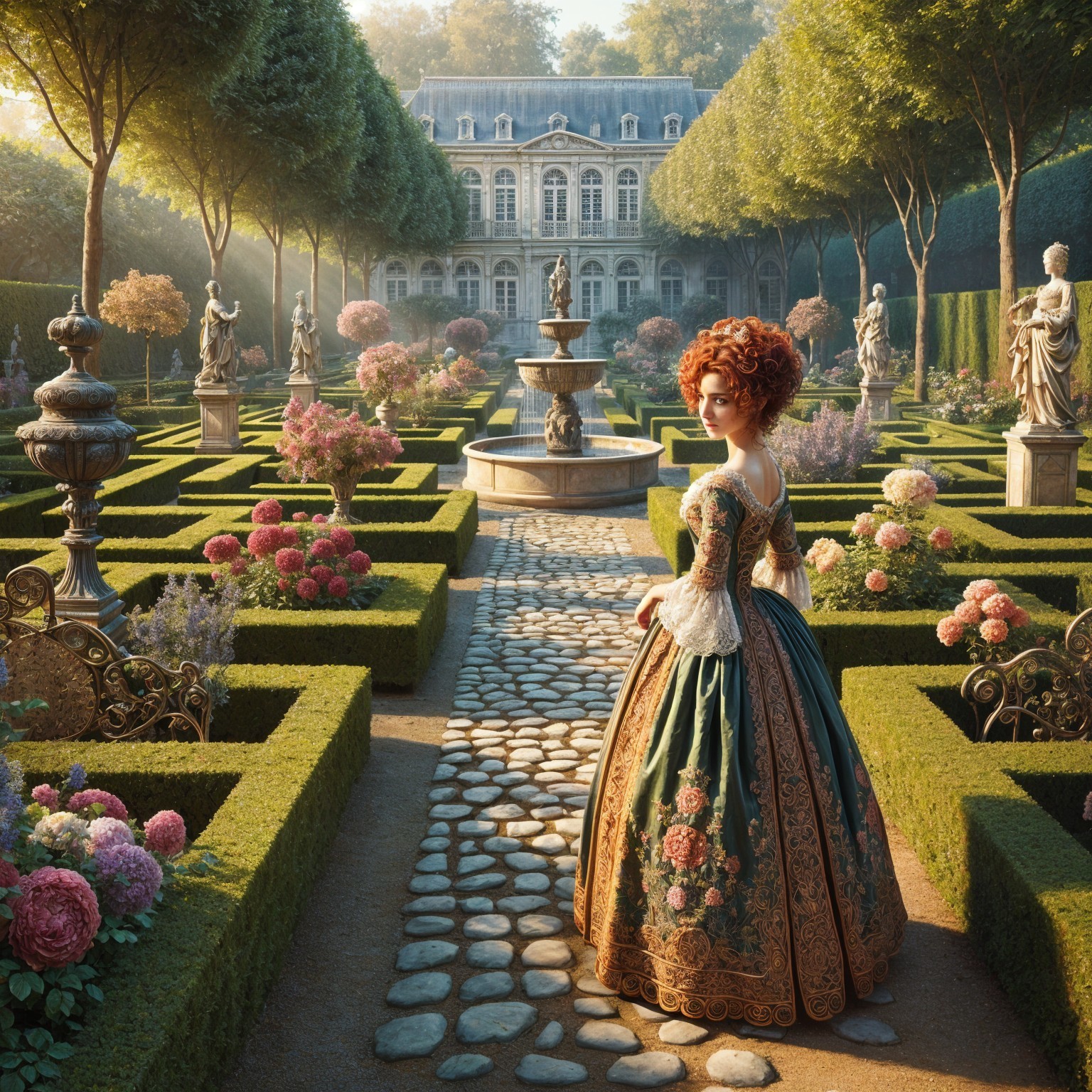 Regal Woman in Green Gown in Elaborate Garden