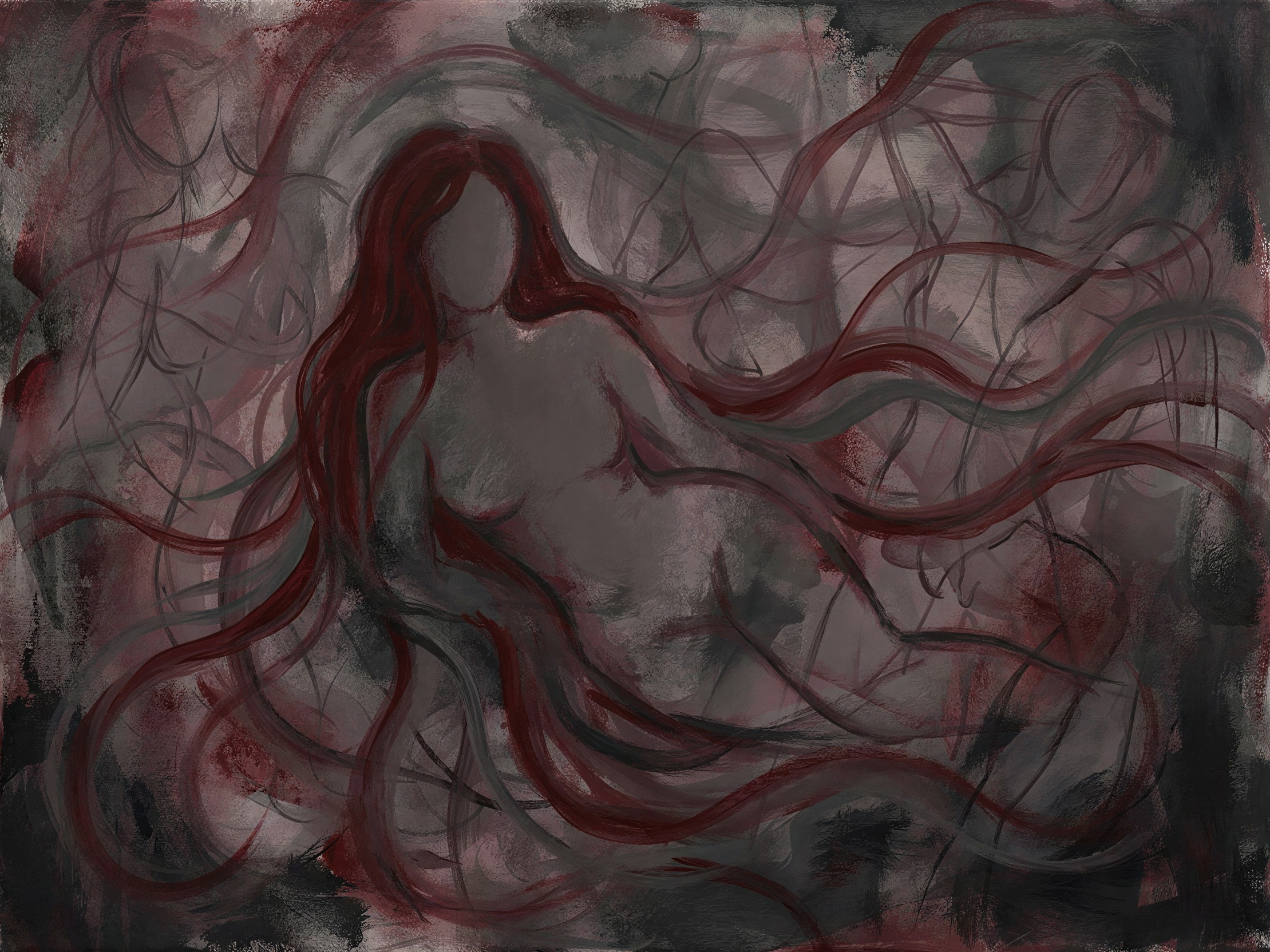 Digital painting of a reclining faceless woman in red